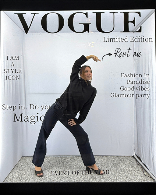 LUMEA walk-in photo booth styled as a fashion magazine cover with a handwritten Rent me note.