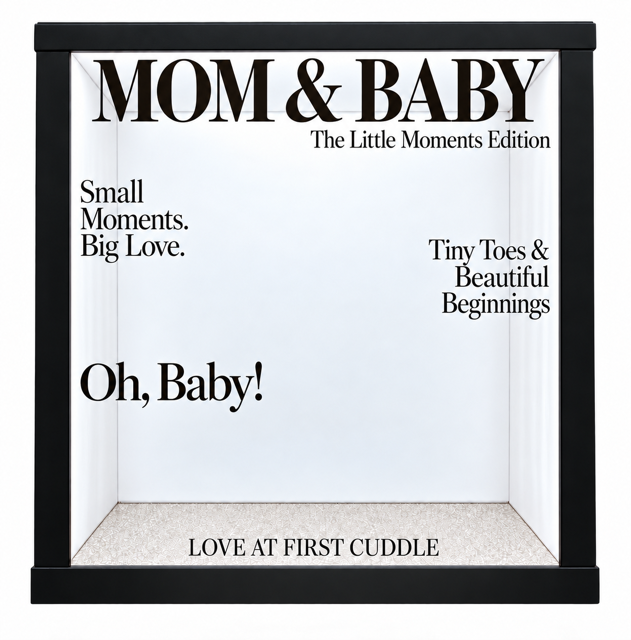 LUMEA walk-in photo booth styled as a mother and baby magazine cover.
