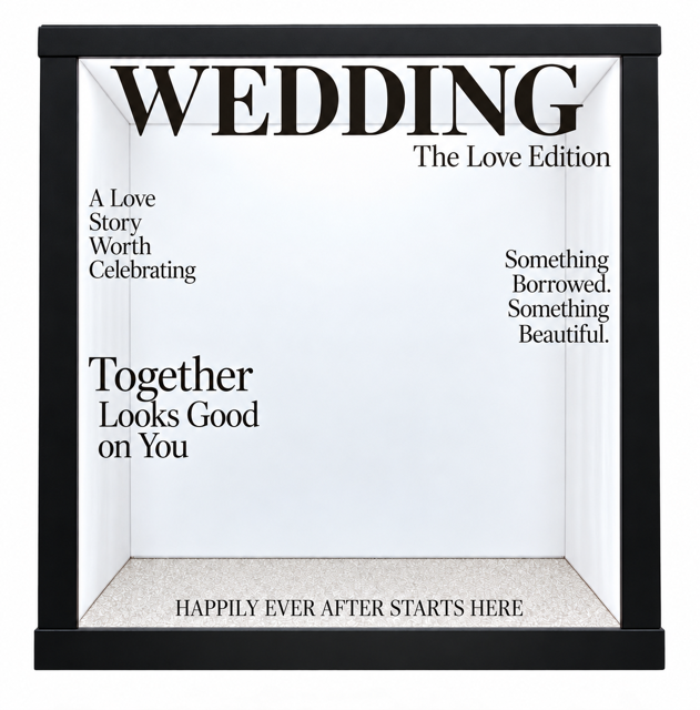 LUMEA walk-in photo booth styled as a wedding magazine cover.