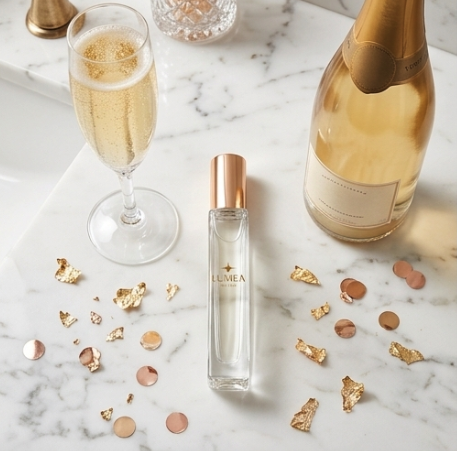 Personalized LUMEA fragrance keepsake beside a champagne glass