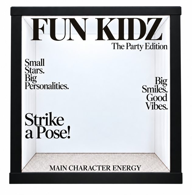 LUMEA walk-in photo booth styled as a children's party magazine cover.